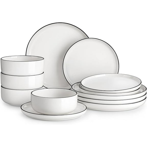 Plates and Bowls Sets, 12 Pieces Modern Porcelain Dinnerware Set for 4 White Kitchen Dinner Dining Ware Set wtih Black Rim Ceramic Dishware Dishes Microwave and Dishwasher Safe