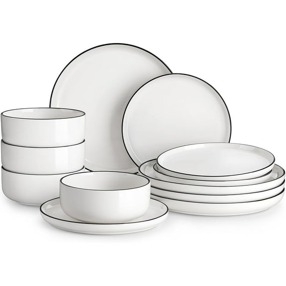 Plates and Bowls Sets, 12 Pieces Modern Porcelain Dinnerware Set for 4 White Kitchen Dinner Dining Ware Set wtih Black Rim Ceramic Dishware Dishes Microwave and Dishwasher Safe, Series LUNA
