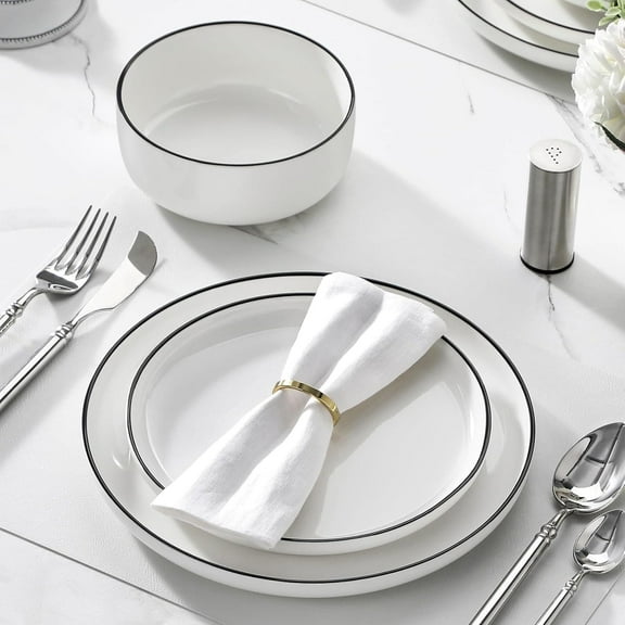 Plates and Bowls Sets, 12 Pieces Modern Porcelain Dinnerware Set for 4 White Kitchen Dinner Dining Ware Set wtih Black Rim Ceramic Dishware Dishes Microwave and Dishwasher Safe