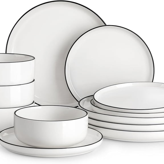 Plates and Bowls Sets, 12 Pieces Modern Porcelain Dinnerware Set for 4 White Kitchen Dinner Dining Ware Set wtih Black Rim Ceramic Dishware Dishes Microwave and Dishwasher