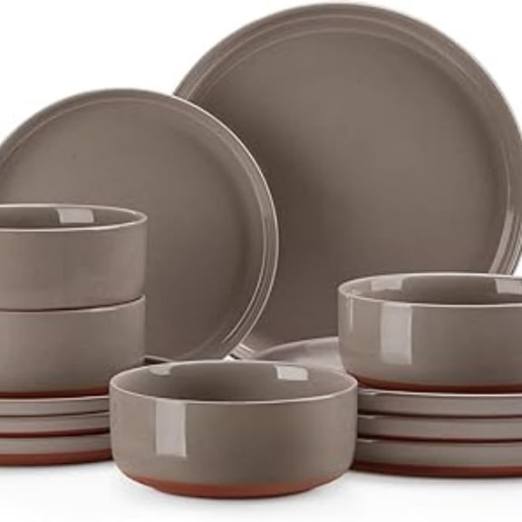 Plates and Bowls Sets, 12 Pieces Modern Stoneware Dinnerware Set for 4 Kitchen Dinner Set Ceramic Dishware Dishes Set Microwave and Dishwasher , Brown, Series