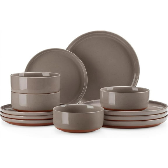 Plates and Bowls Sets, 12 Pieces Modern Stoneware Dinnerware Set for 4 Kitchen Dinner Set Ceramic Dishware Dishes Set Microwave and Dishwasher Safe, Brown, Series TARA