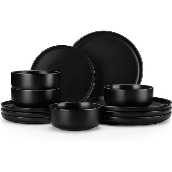 Plates and Bowls Sets, 12 Pieces Porcelain Dinnerware Set for 4 Kitchen Dinner Ware Set Ceramic Dishware Dishes Microwave and Dishwasher Safe, Black, Series LUNA