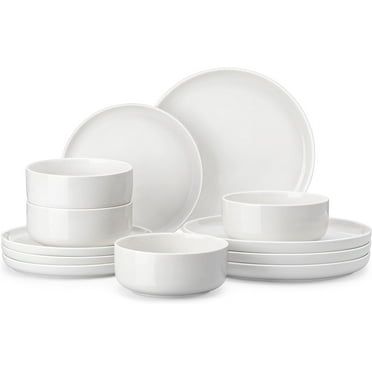Famiware 12 Piece White Stoneware Dinnerware Sets for Kitchen Dining ...
