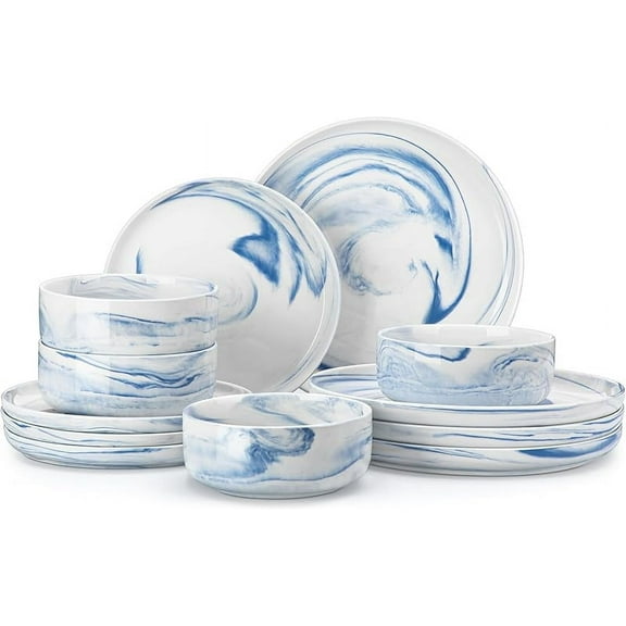 Plates and Bowls Sets, 12 Pieces Porcelain Dinnerware Sets Dishware Sets Chip Resistant Ceramic Dish Set Dining Dinner Ware Service for 4, Marble Blue