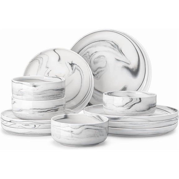Plates and Bowls Sets, 12 Pieces Porcelain Dinnerware Sets Dishware Sets Chip Resistant Ceramic Dish Set Dining Dinner Ware Service for 4, Marble Grey
