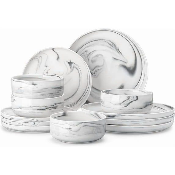Plates and Bowls Sets, 12 Pieces Porcelain Dinnerware Sets Dishware Sets Chip Resistant Ceramic Dish Set Dining Dinner Ware Service for 4, Marble Grey