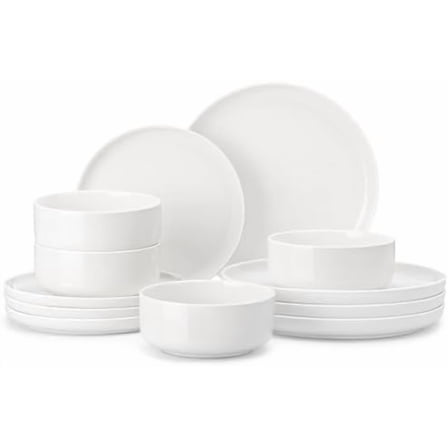 Plates and Bowls Sets, 12 Pieces Porcelain Dinnerware Sets Dishware Sets Chip Resistant Ceramic Dish Set Dining Dinner Ware Service for 4, White, Series LUNA