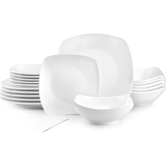 Plates and Bowls Sets, 16 Piece Modern Porcelain Dish Set for 4, Chip and Scratch Resistant Square Dinnerware Set, Microwave and Dishwasher Safe, Pearl White
