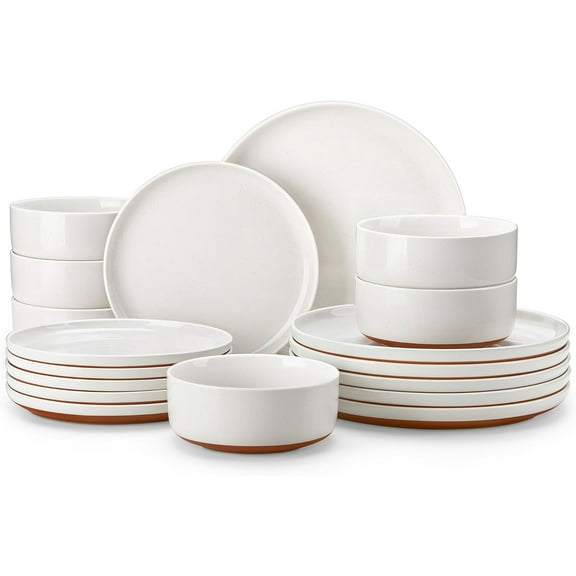 Plates and Bowls Sets, 18 Pieces Modern Ceramic Dinnerware Set for 6 Kitchen Dinner Set Stoneware Dishware Dishes Set Microwave and Dishwasher Safe, White, Series TARA
