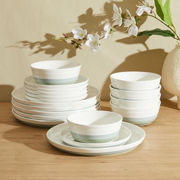 Plates and Bowls Sets,18 Pieces Modern Porcelain Dinnerware Set for 6 Handcrafted Uniqe Dinner Set Ceramic Dishware Dishes Microwave and Dishwasher Safe, Blue & Green