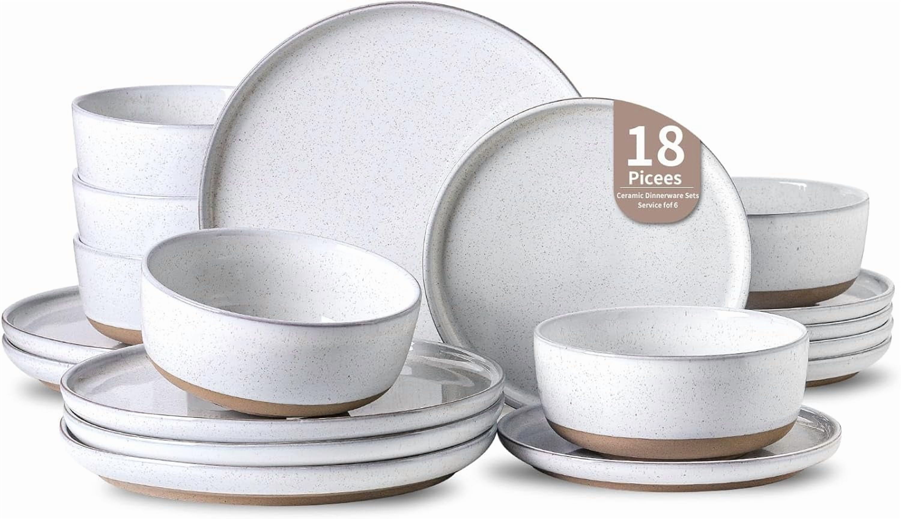Plates and Bowls Sets, 18 Pieces Modern Porcelain Dishes Sets Service for 6, Stoneware Dinnerware Sets with Speckled Pattern, Scratch Resistant Microwave and Dishwasher Safe, White