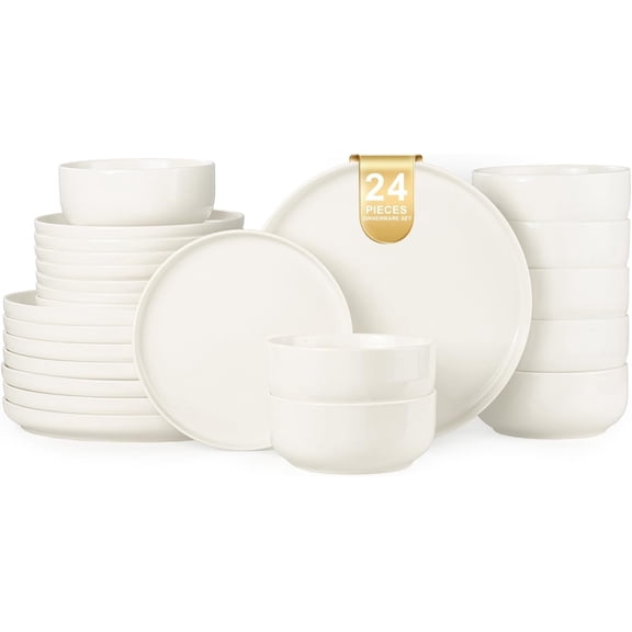 Plates and Bowls Sets, 24 Pieces Ceramic Dinnerware Set for 8, Stoneware Dishware Dishes Set, Scratch Resistant Dishes Set, Dishwasher & Microwave Safe, White