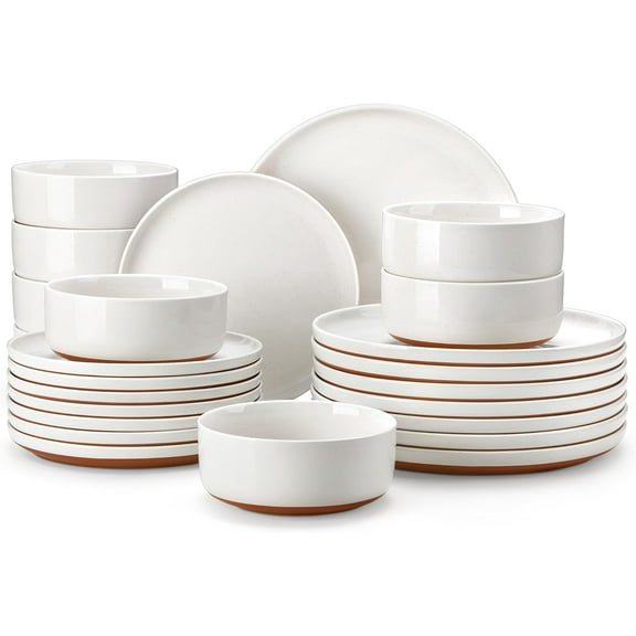 Plates and Bowls Sets, 24 Pieces Modern Ceramic Dinnerware Set for 8 Kitchen Stoneware Dishes Dishware Set Microwave and Dishwasher Safe, White, Series TARA