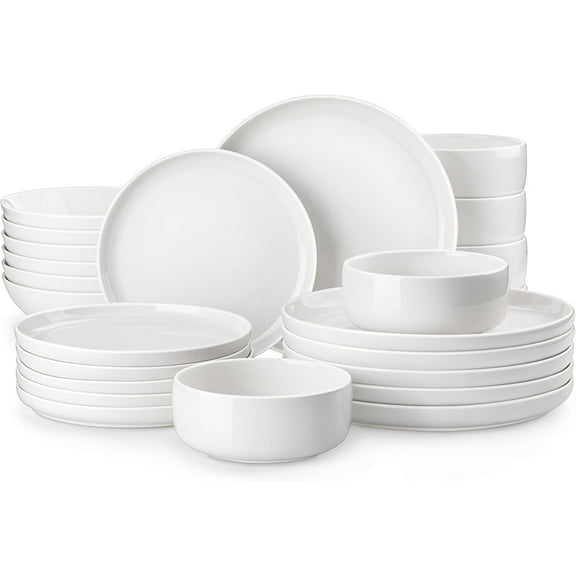 Plates and Bowls Sets, 24 Pieces Modern Porcelain Dinnerware Set for 6 Ceramic Dishware Dishes White Kitchen Dinner Dining Ware Set Microwave and Dishwasher Safe, Series LUNA