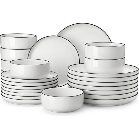 Plates and Bowls Sets, 24 Pieces Modern Porcelain Dinnerware Set for 8 White Kitchen Dinner Dining Ware Set with Black Rim Ceramic Dishware Dishes Microwave and Dishwasher Safe, Series LUNA