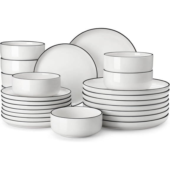 Plates and Bowls Sets, 24 Pieces Modern Porcelain Dinnerware Set for 8 White Kitchen Dinner Dining Ware Set wtih Black Rim Ceramic Dishware Dishes Microwave and Dishwasher Safe, Series LUNA