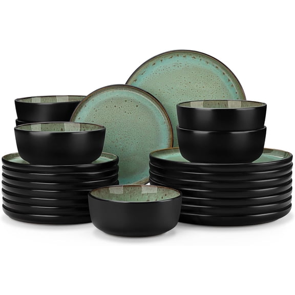 Plates and Bowls Sets, 24 Pieces Stoneware Dinnerware Sets for 8, Kitchen Dish Set Mircowave and Dishwasher Safe Ceramic Dishware, Turf Green, Series AMBER