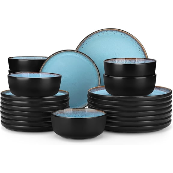 Plates and Bowls Sets, 24 count Stoneware Dinnerware Sets for 8, Kitchen Dish Set Mircowave and Dishwasher Safe Dinner Set Ceramic Dishware, Sky Blue, Series