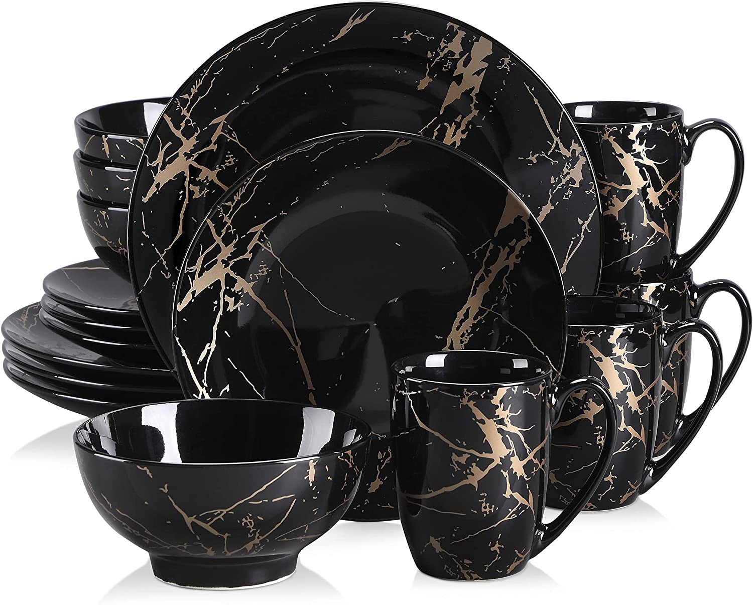 Plates and Bowls Sets for 4, Black Dinnerware Sets 16 Piece Gold Splash