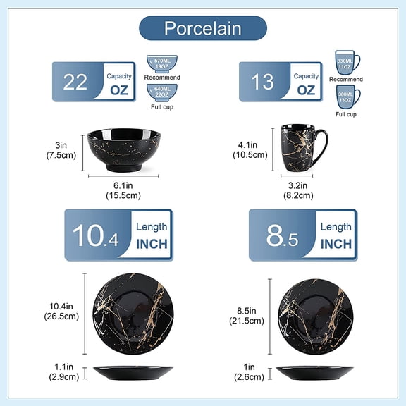 Plates and Bowls Sets for 4, Black Dinnerware Sets 16 Piece Gold Splash Glaze Round Dish Set,  Porcelain Plate Set with Mugs Dishwasher Microwave Safe