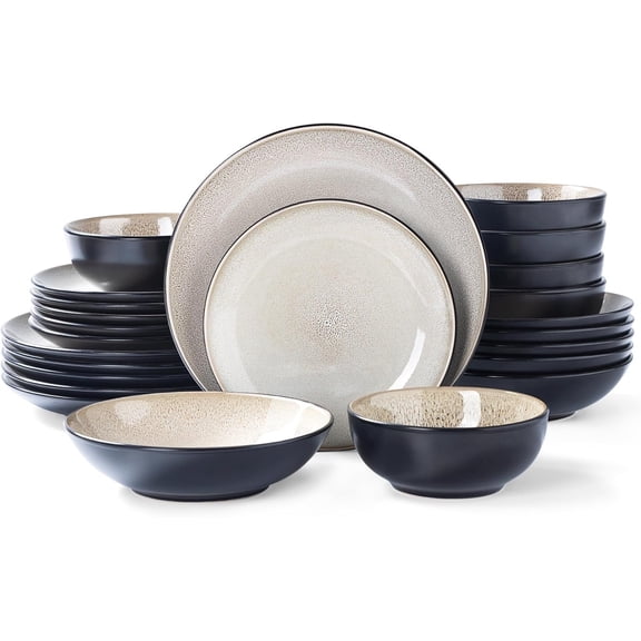 Plates and Bowls Sets for 6 - 24- Stoneware Dinnerware Sets, Ceramic Dishware Set for Indoor Kitchen Use and Formal Dining, Chip and Scratch Resistant Microwave Dishwasher Safe, Brown