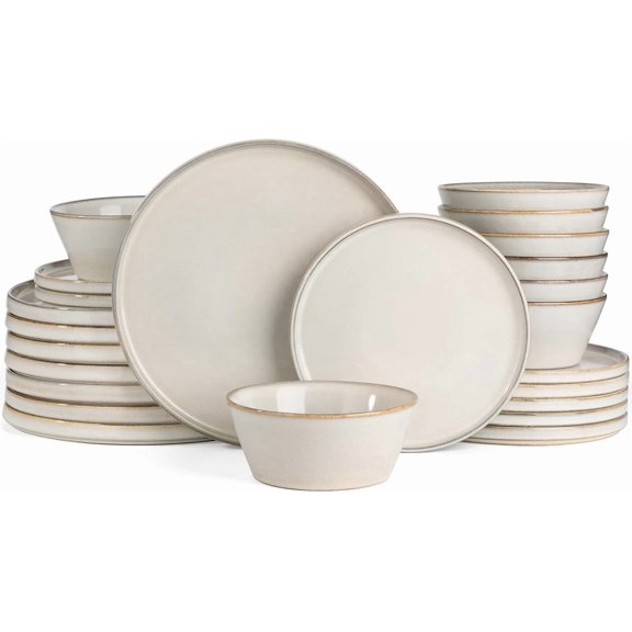 Plates and Bowls Sets, Annecy Stoneware Dinnerware Sets for 8, 24 count Dish Set, Plate with Lip , Reactive Tableware - Microwave & Dishwasher Safe, Grey-White
