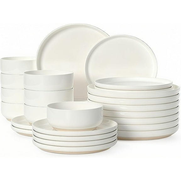 Plates and Bowls Sets, Scratch Resistant Dinnerware Sets for 8, 24 Pieces Porcelain Ceramic Dishware Dishes Set, Modern Stoneware Kitchen Dinner Set, Microwave and Dishwasher Safe, Cream White