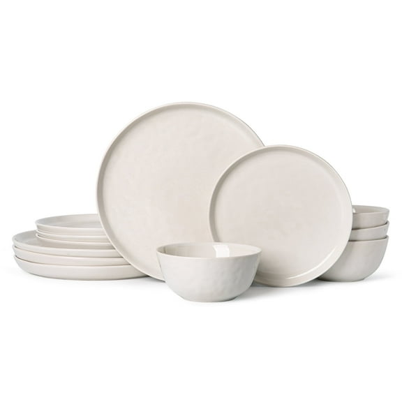 Stoneware Dinnerware Sets, Plates and Bowls Sets, Dish Set for 4, 12 Piece Dinner Set, Plate Sets for Kitchen, Gary White