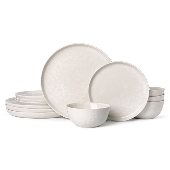 Stoneware Dinnerware Sets, Plates and Bowls Sets, Dish Set for 4, 12 Piece Dinner Set, Plate Sets for Kitchen, Gary White