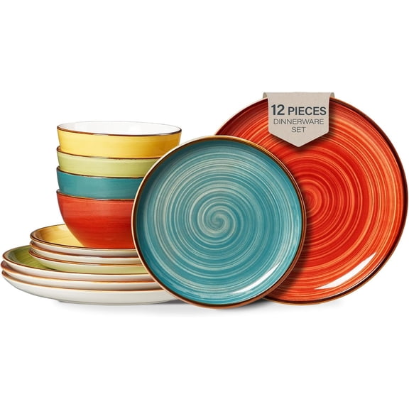 Plates and Bowls Set 12 count,Stoneware Dinnerware Sets for 4 Microwavable,Oven & Dishwasher Safe Porcelain,Scratch Resistant Dishes Set