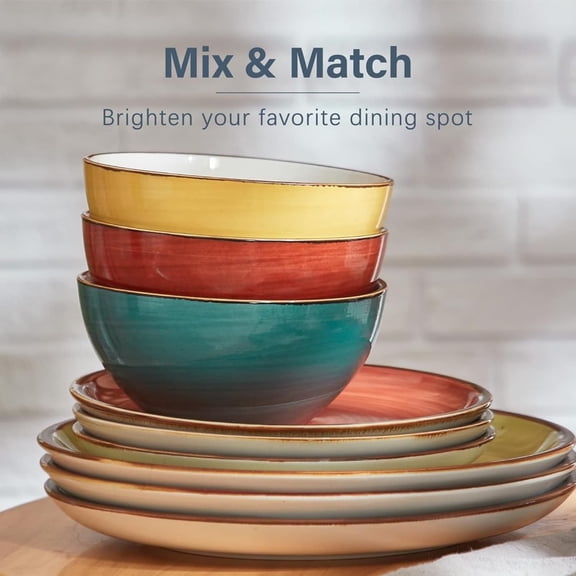 Plates and Bowls Set - Microwavable, Oven & Dishwasher Porcelain Dinnerware Set - Scratch Resistant, Ceramic Dishware for 4(12pcs) - Assorted Colors