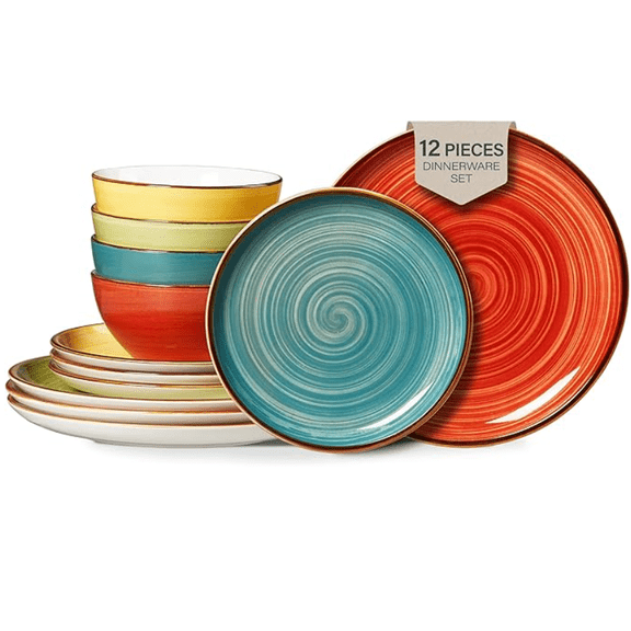 Plates and Bowls Set - Microwavable, Oven & Dishwasher  Porcelain Dinnerware Set - Scratch Resistant, Ceramic Dishware for 4(12pcs) - Assorted Colors
