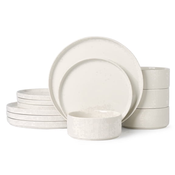 ALOFMO Stoneware Dinnerware Sets, Plates and Bowls Sets, Dish Set for 4, 12 Piece Dinner Set, Plate Sets for Kitchen, White