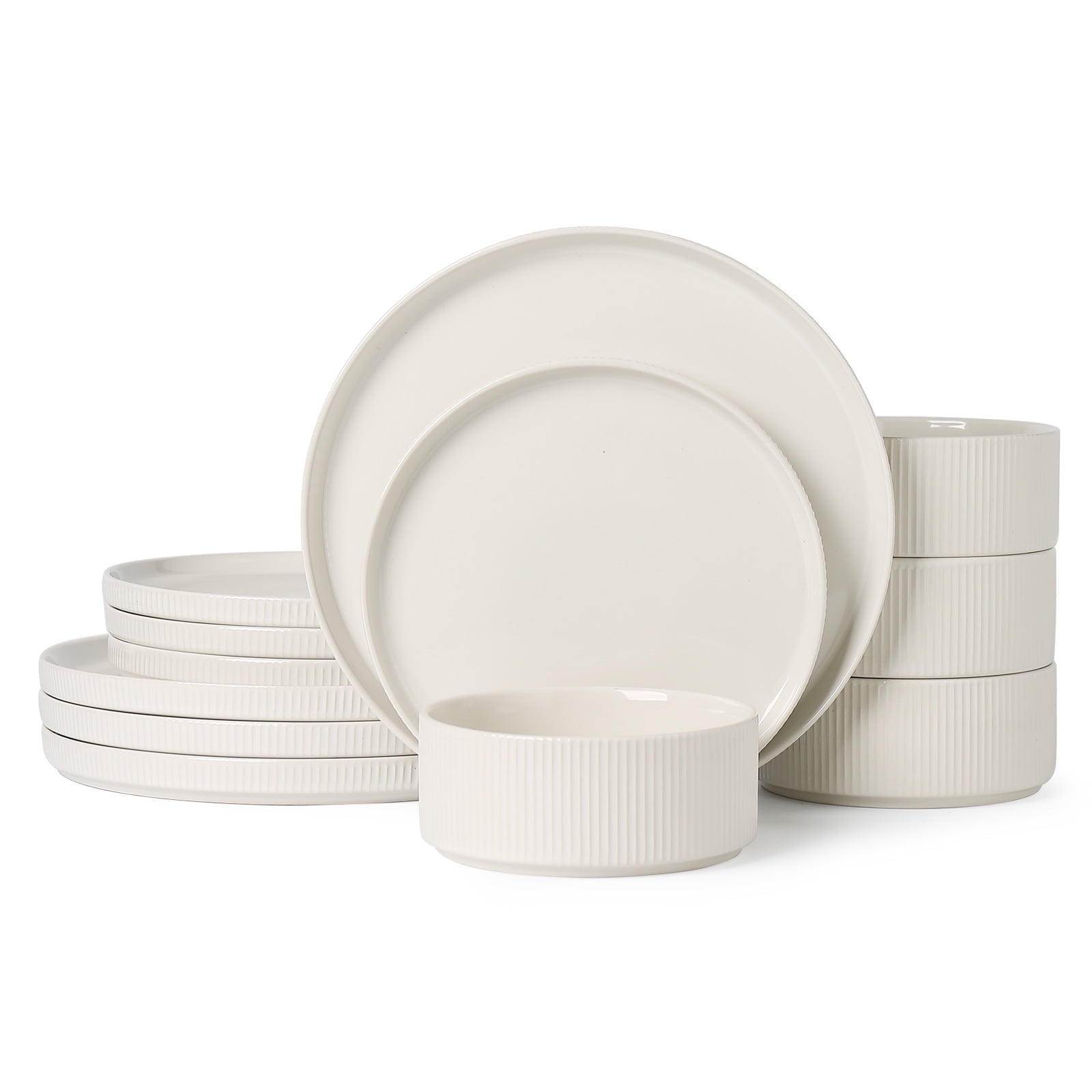 ALOFMO Stoneware Dinnerware Sets for 4, White, 12 Pieces Modern Ceramic ...