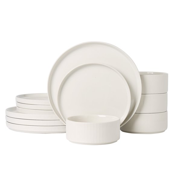 ALOFMO Stoneware Dinnerware Sets, Plates and Bowls Sets, Dish Set for 4, 12 Piece Dinner Set, Plate Sets for Kitchen, White