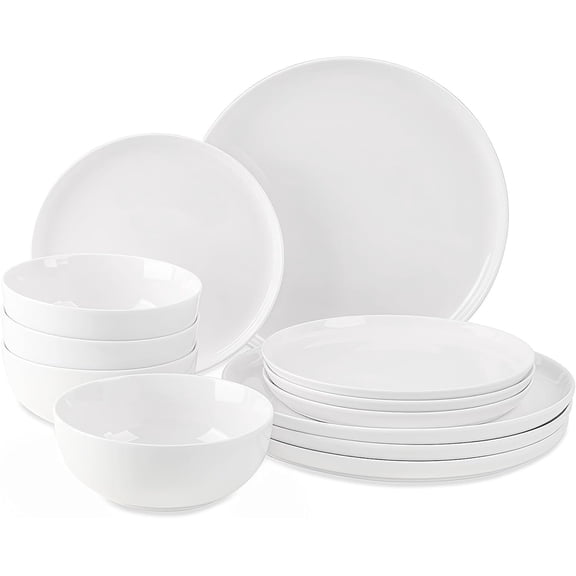 Plates and Bowls Sets, 12 count Dinnerware Sets, Ceramic Dishes Set for 4, White Kitchen Dishware Set, Microwave and Dishwasher Safe