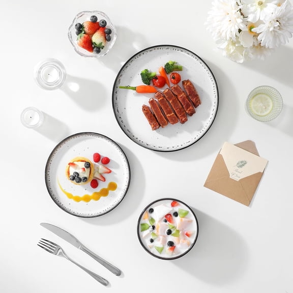 Plates and Bowls Sets, 18 Pieces Beige Dinnerware Sets for Kitchen, Reactive Glaze Dishes Set for 6, Dishwasher and Microwave Safe