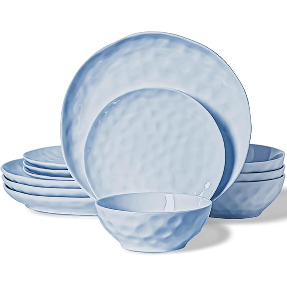 Plates and Bowls Sets, Set 12 count Service Porcelain 4, Dessert Salad and Pasta, Celestial Blue Dishes