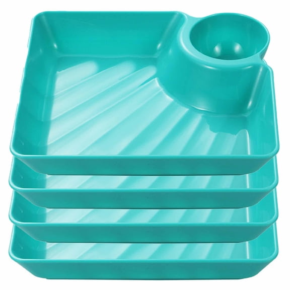 Plates with Dipping Cup,4-Pack 8-Inch Divided Snack Plates with Sauce Holder,Reusable Serving Dishes for Chips,Sushi,Dumplings & Appetizers