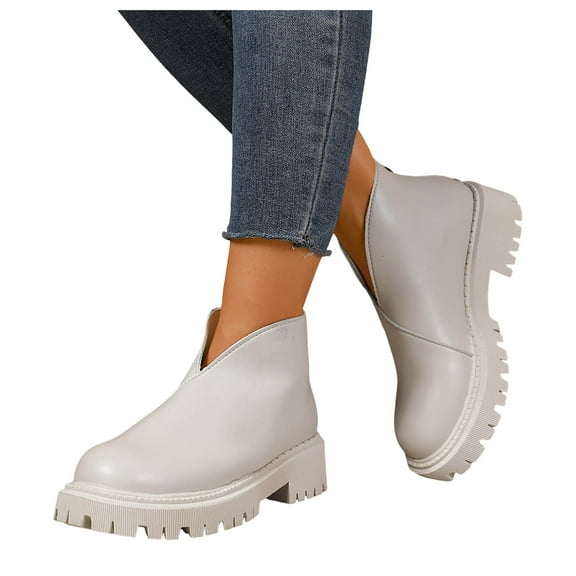 Platform Ankle Booties for Women 2025 Fashion Casual Leather Cut Out Chunky Slip on Short Boots Back Zipper