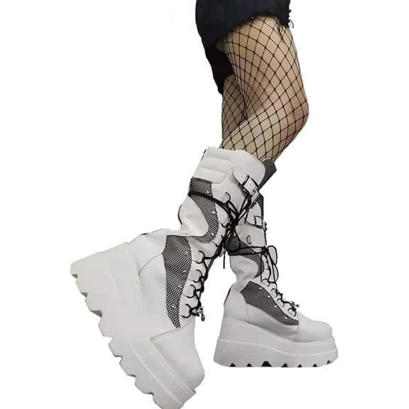Platform Ankle Boots for Women Chunky High Heel Booties Punk Goth Round Toe Combat Boots Ladies Lace Up Motorcycle Wedges Boots