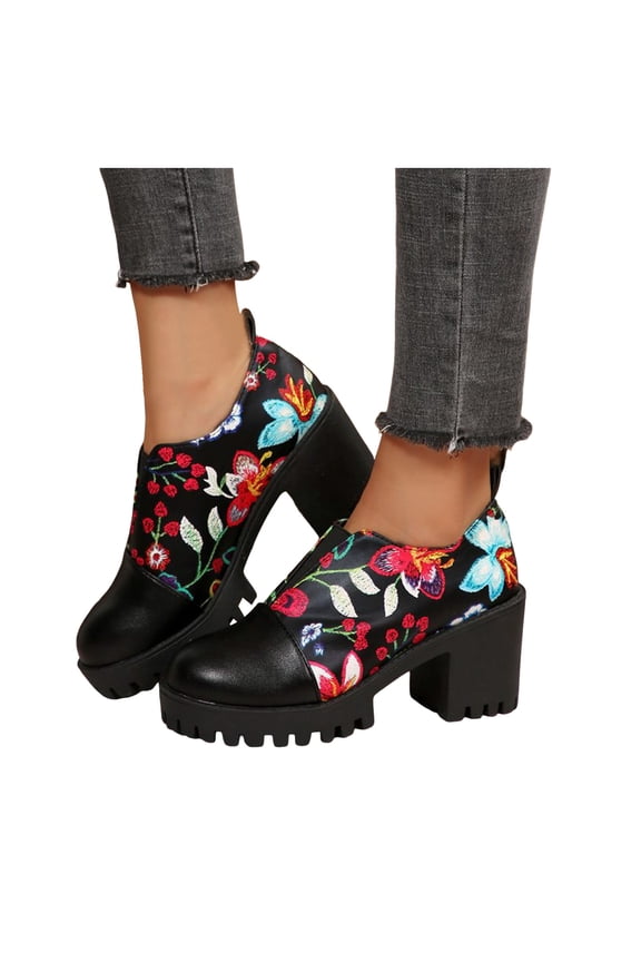 Platform Ankle Boots for Women Floral Print Lug Sole Chunky Heel Elastic Splicing Low Top Booties