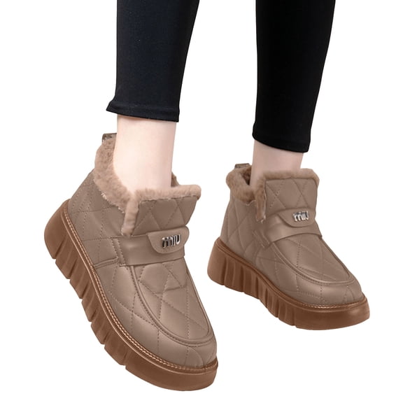 Platform Ankle Boots for Women Waterproof Fleece Lined Mid Calf Snow Booties Casual Non Slip High Top Winter Dress Shoes Brown Size 6.5