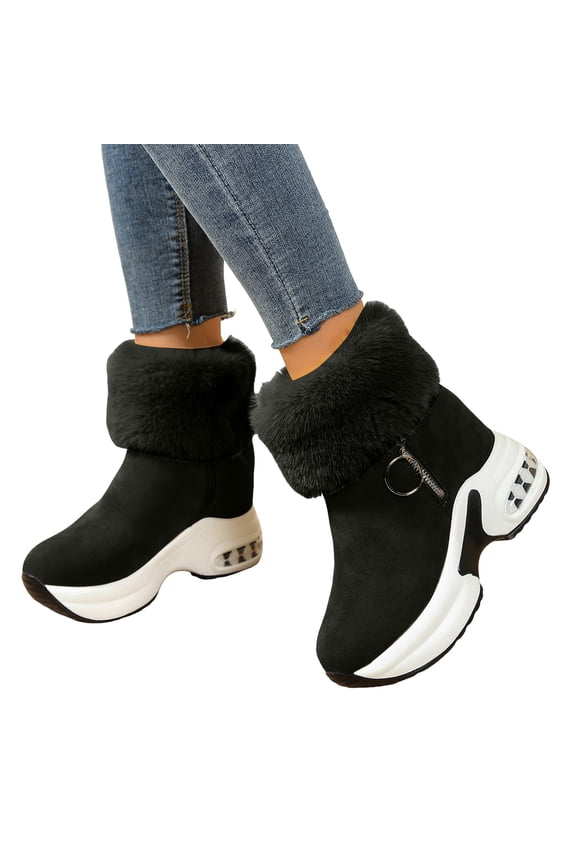 Platform Ankle Boots for Women Winter Trendy Suede Plush Warm High Top Sneakers with Air Cushion Casual Zipper Booties Black Size 8