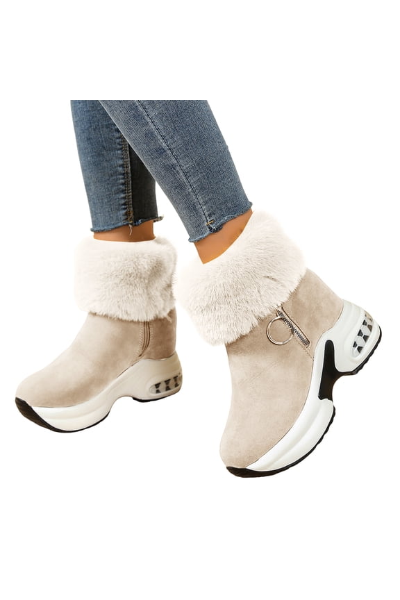 Platform Ankle Boots for Women Winter Trendy Suede Plush Warm High Top Sneakers with Air Cushion Casual Zipper Booties White Size 8.5