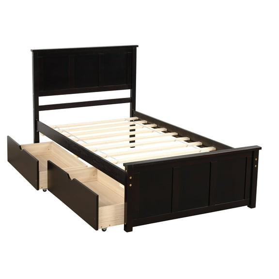 Platform Bed with 2 Drawers, Elegant Twin Size Wood Bed Frame with Solid Pine Wood Headboard, Platform Bed Frame Mattress Foundation with Wood Slat Support, White, SS945