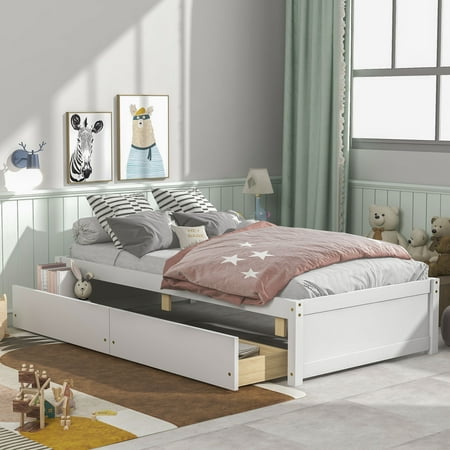 Platform Bed with Drawers, Twin Size Solid Wood Platform Bed Frame, No Box Spring Needed, Modern Twin Storage Bed Frame for Kids Teens Adult, Easy Assembly, Holds 200lbs, White