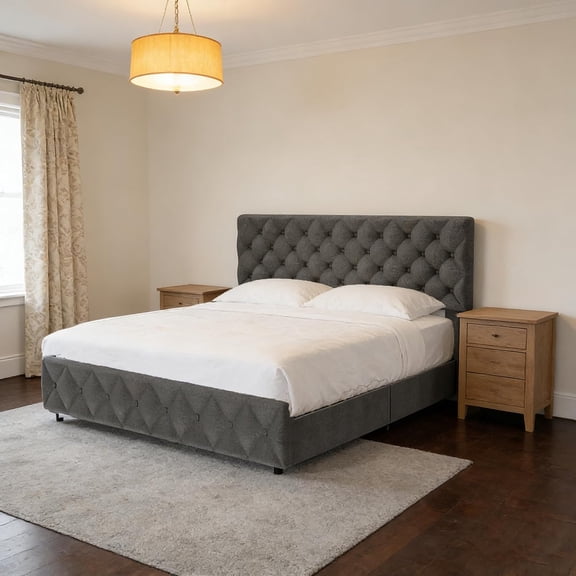 Platform Bed Frame with 4 Storage Drawers and Linen Upholstered Headboard, Wooden Slats Support, Upholstered Mattress Foundation/No Box Spring Needed/Easy Assembly