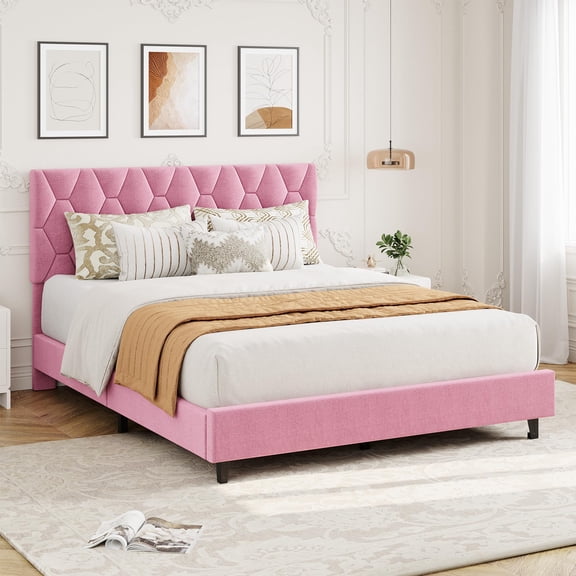 Platform Bed Frame with Diamond Block Design Upholstered Adjustable Headboard, Strong Wooden Slats Support, No Box Spring Needed, Noise Free, Easy Assembly